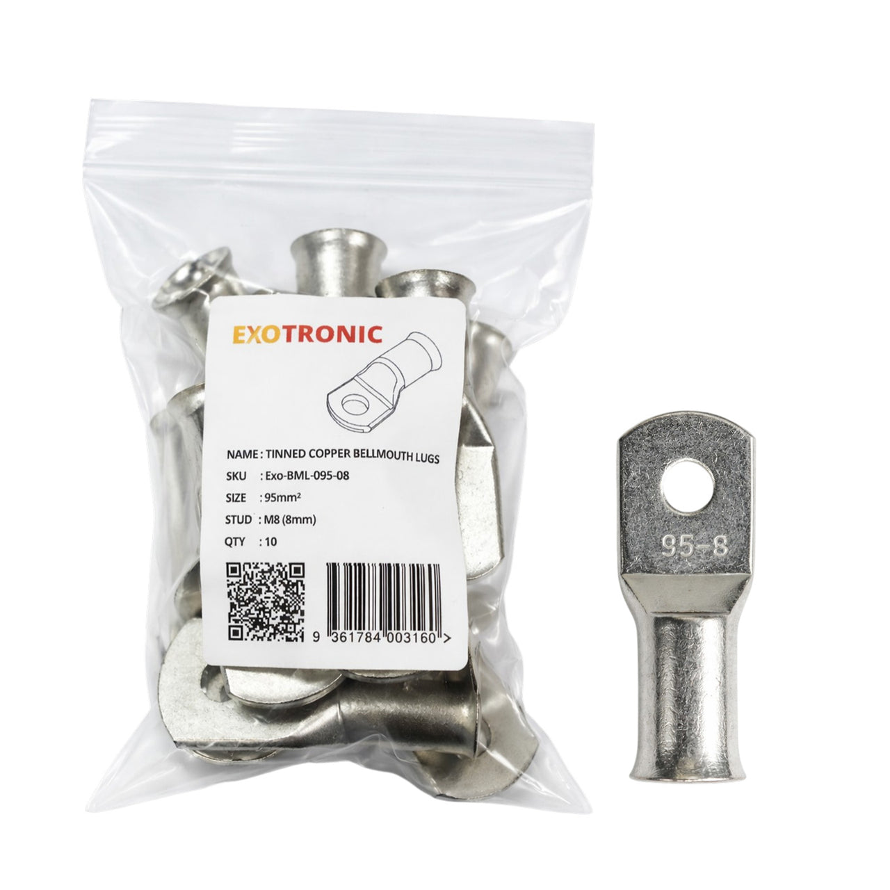 Pack of ten Exotronic 95mm squared tinned copper lugs with M8 stud holes in a clear bag with label