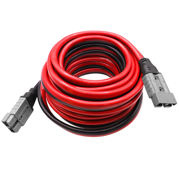 Coiled 10m red and black 8AWG battery extension lead with Anderson style plugs