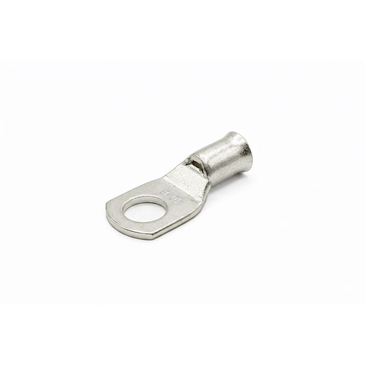 Perspective view of a tinned copper bellmouth cable lug for 10mm2 wire and M8 stud