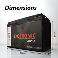 Battery with dimension lines measuring 330mm length, 172mm width and 215mm height