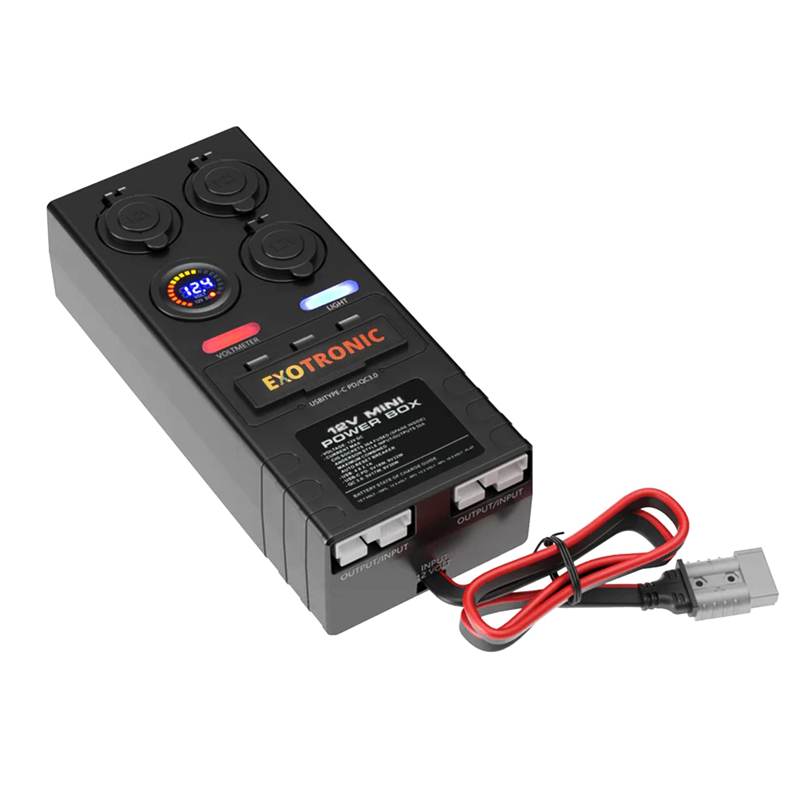 Angled view of Exotronic 12V control hub with sockets, voltmeter and Anderson plugs