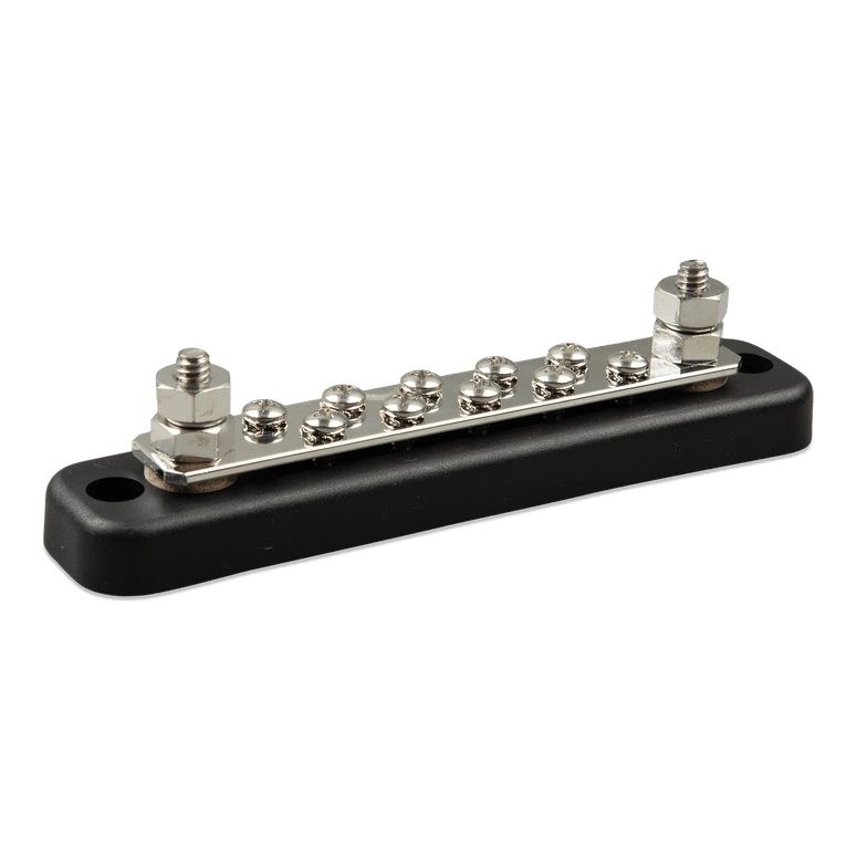 Angled view of 150A busbar showing tin-plated copper strip and stainless steel terminals