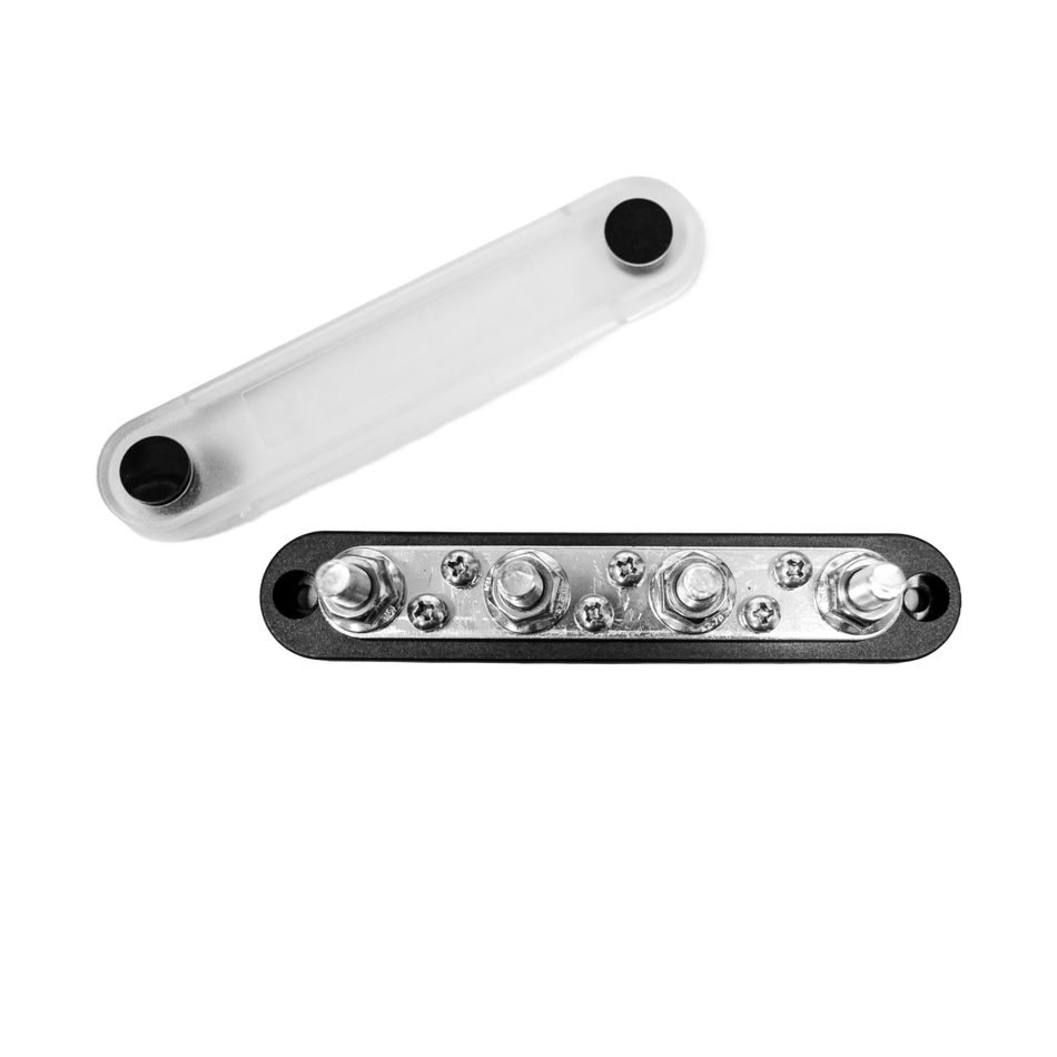 Exotronic 150A black busbar with clear cover removed showing four M8 studs