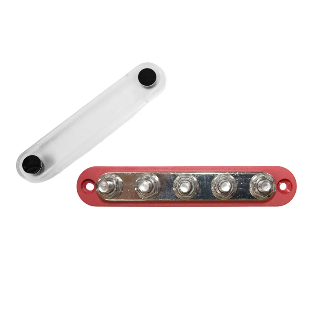 Red 5 stud busbar with removed clear protective cover and stainless steel nuts