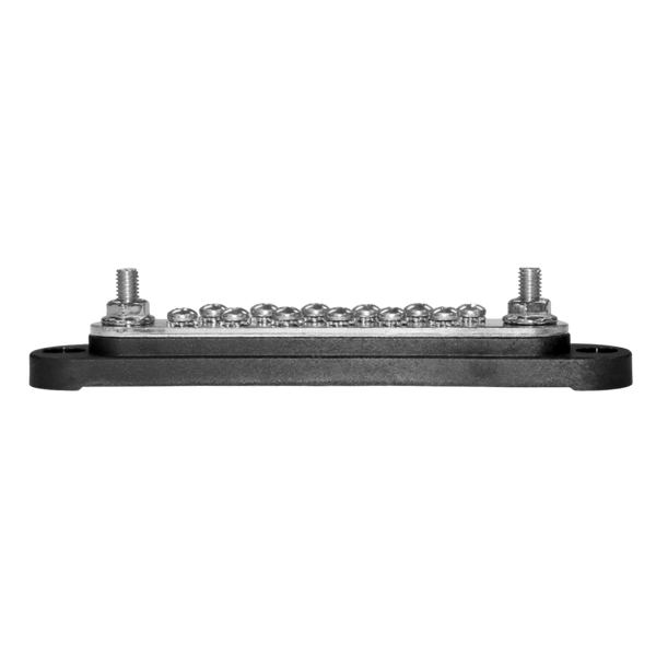 Side profile of busbar showing stud height relative to base and screws