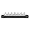 Angled side view of black busbar featuring 7 metal studs on a black base