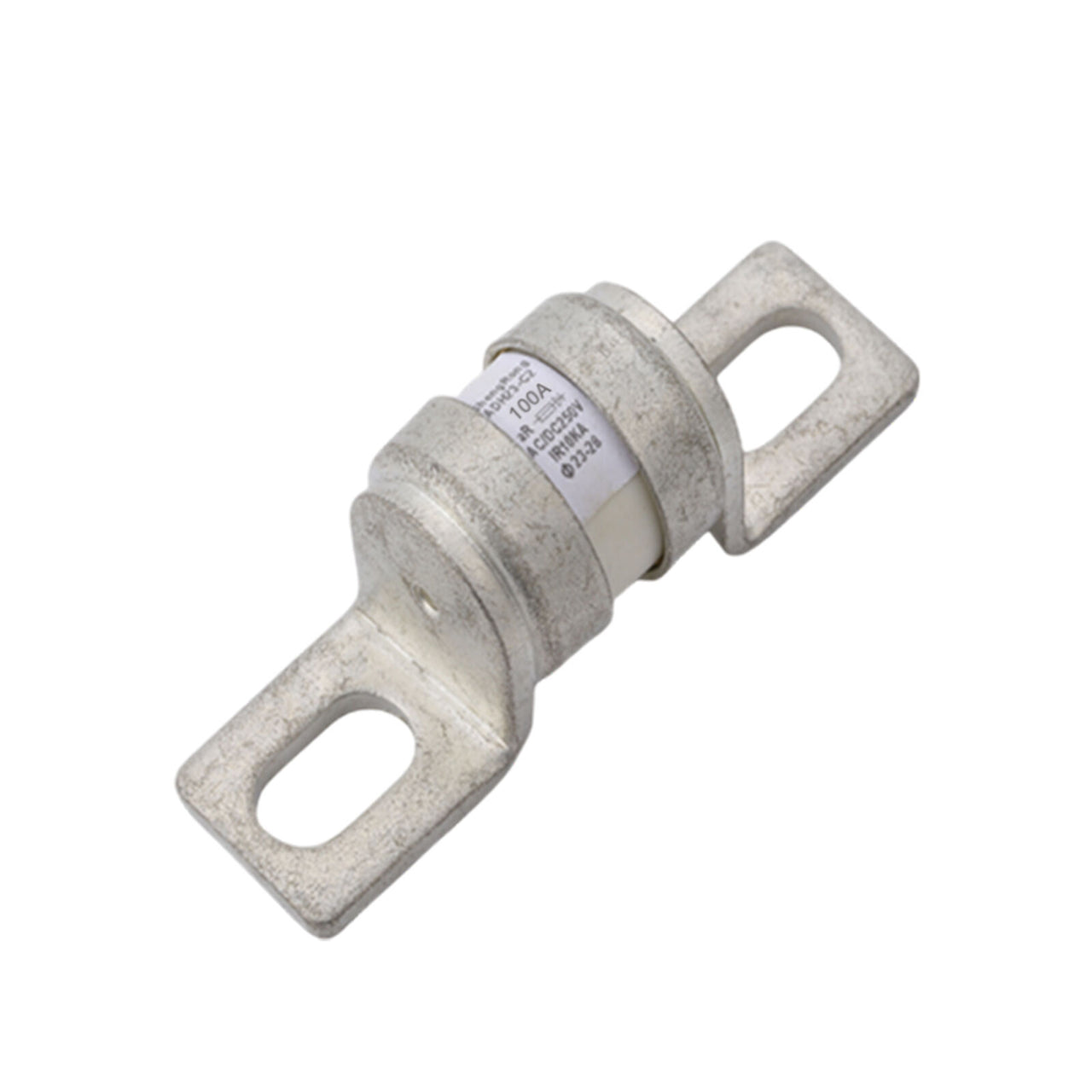 Angled view of 150A MEGA-style ceramic fuse showing metal terminals and printed rating specifications