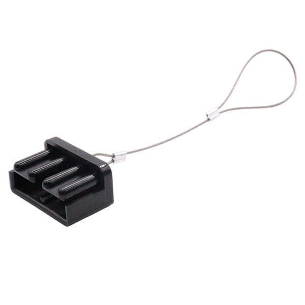 Black plastic dust cover with steel retention lanyard for 175A Anderson plugs