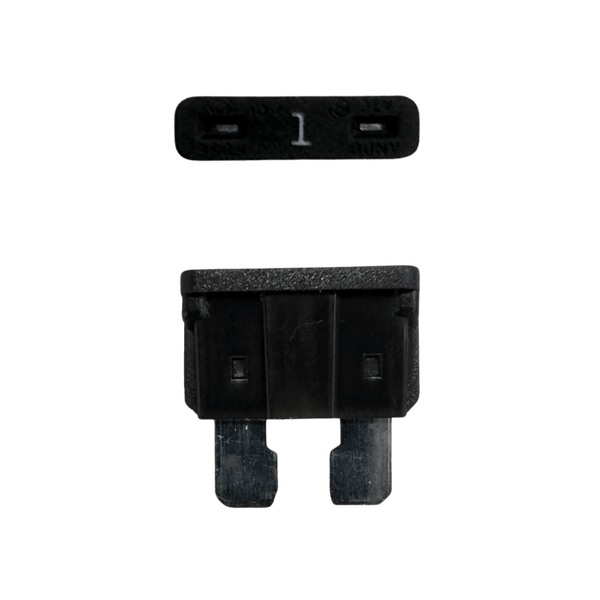 Black 1A ATO/ATC automotive blade fuse with silver-plated terminals showing top and side profiles