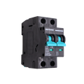 Angled side view of Exotronic 10A 2-Pole DC Circuit Breaker showing teal switches and C10 ratings