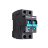 Angled side view of Exotronic 20A 2-Pole DC Circuit Breaker showing teal switches and 20A ratings