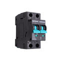 Angled side view of Exotronic 25A 2-Pole DC Circuit Breaker showing teal switches and 25A ratings