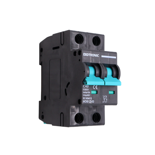 Angled side view of Exotronic 40A 2-Pole DC Circuit Breaker showing teal switches and 40A ratings