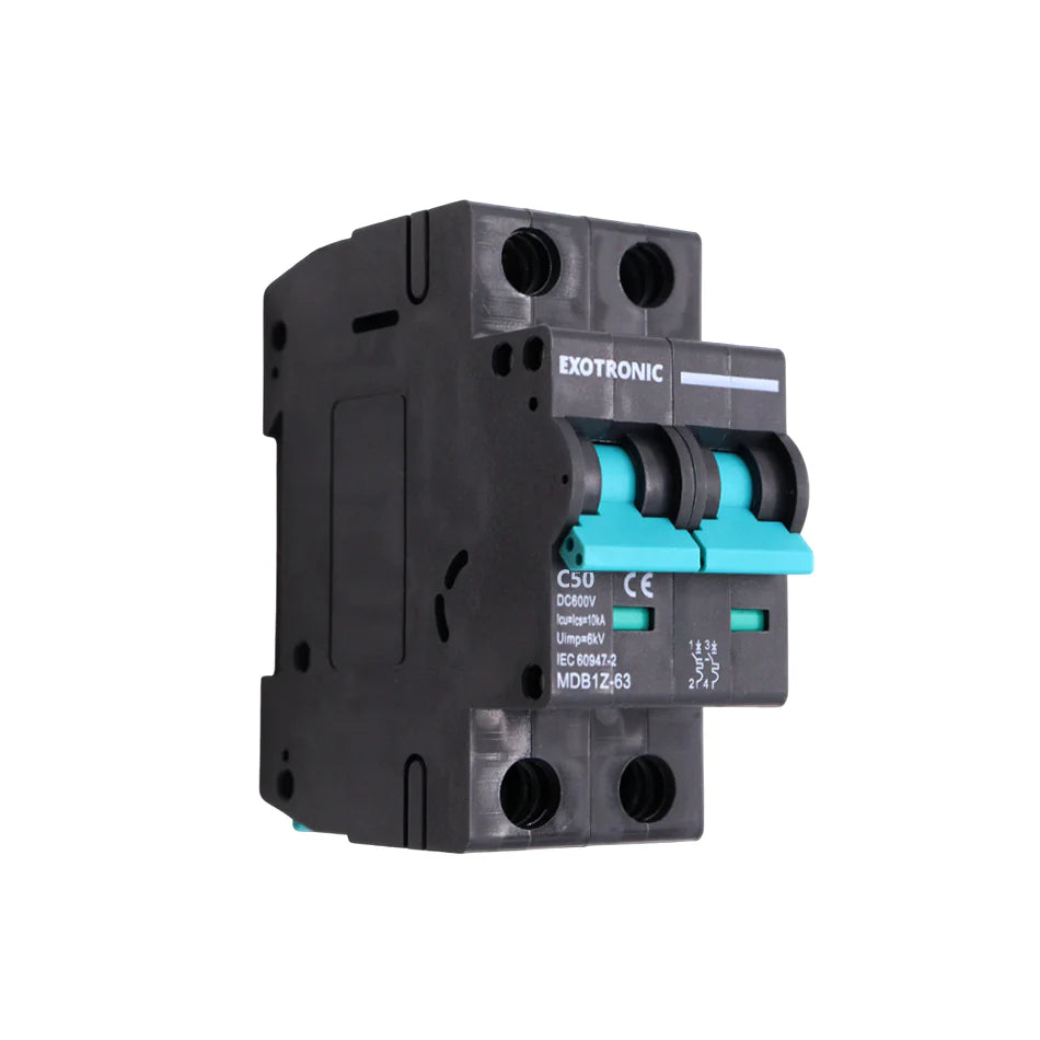 Angled side view of Exotronic 50A 2-Pole DC Circuit Breaker showing teal switches and 50A ratings