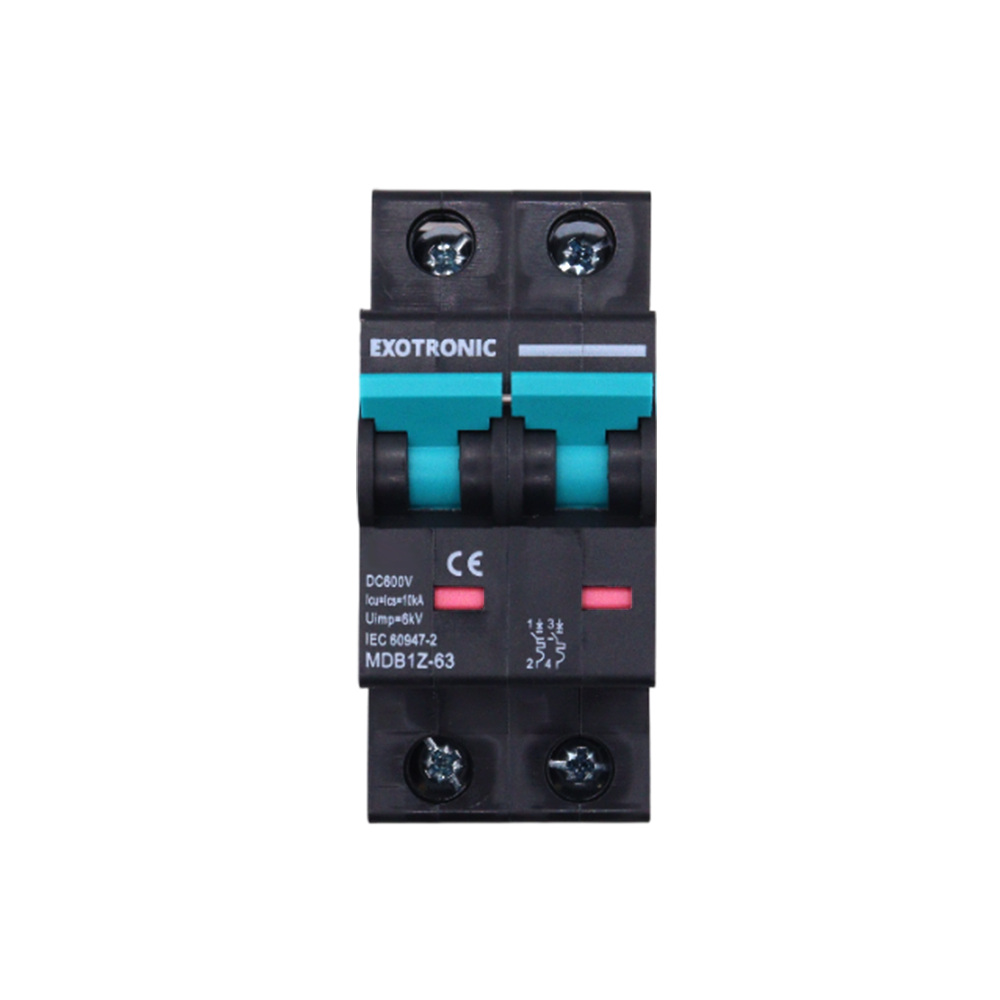 Front view of 10A DC circuit breaker in ON position with red status indicators visible
