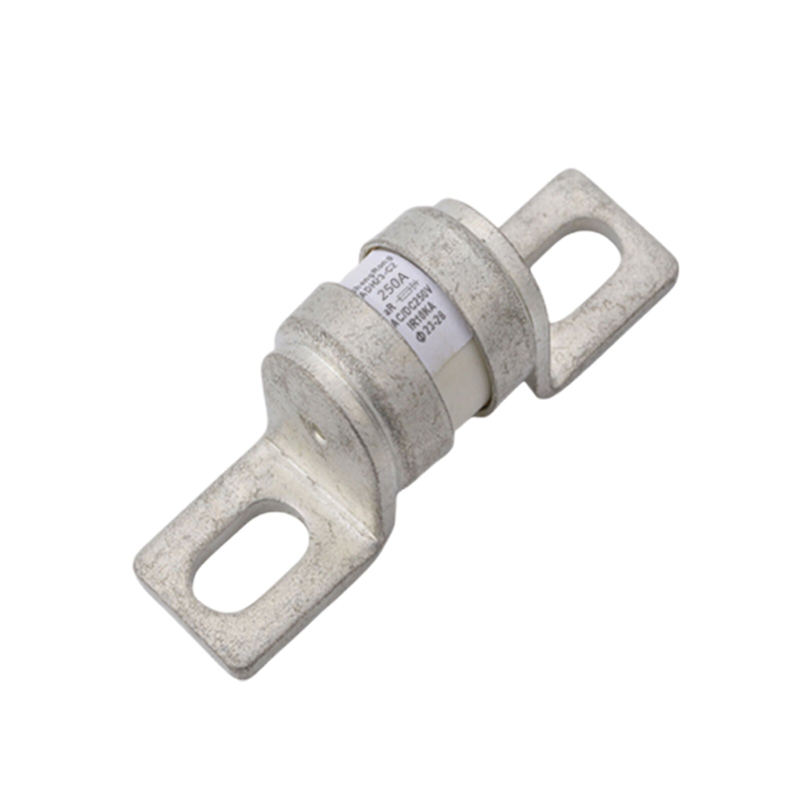 Angled view of 250A MEGA-style ceramic fuse showing metal terminals and printed rating specifications