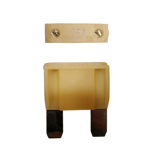 Yellow 25A maxi blade fuse showing top amperage rating and side profile with silver terminals