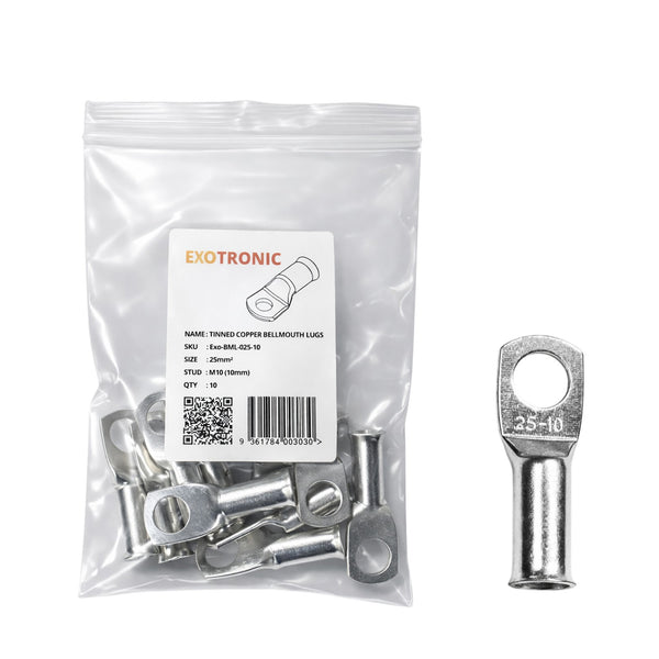 10 pack of 25mm² tinned copper bellmouth lugs with M10 stud hole and one loose lug