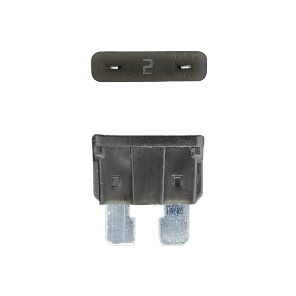 Grey 2A ATO/ATC automotive blade fuse with silver-plated terminals showing top and side profiles