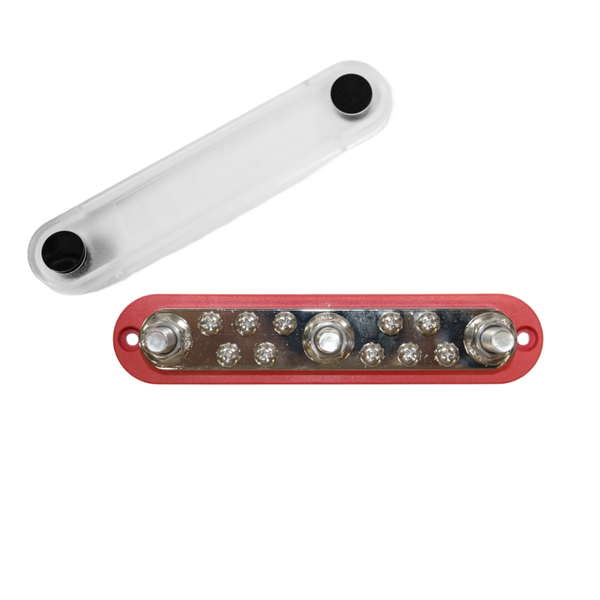 Overhead view of red busbar with three M10 studs, ten screws and detached clear cover