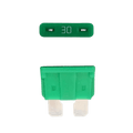 Green 30A ATO/ATC automotive blade fuse with silver-plated terminals showing top and side profiles