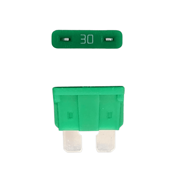 Green 30A ATO/ATC automotive blade fuse with silver-plated terminals showing top and side profiles
