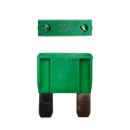 Green 30A maxi blade fuse showing top amperage rating and side profile with silver terminals