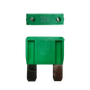 Green 30A maxi blade fuse showing top amperage rating and side profile with silver terminals
