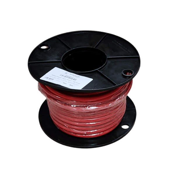 30m roll of red 2B&S single core marine cable wound on a black plastic reel with a white label