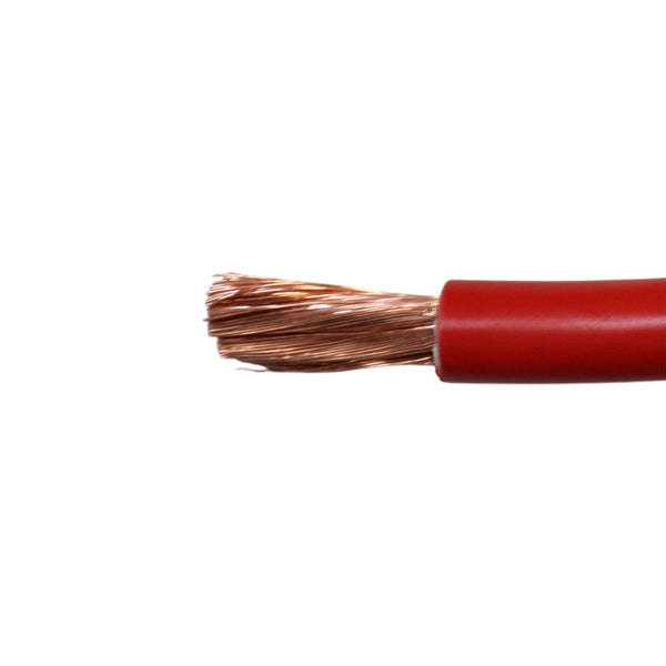 Close-up of 32mm squared red automotive cable showing multi-strand copper conductor
