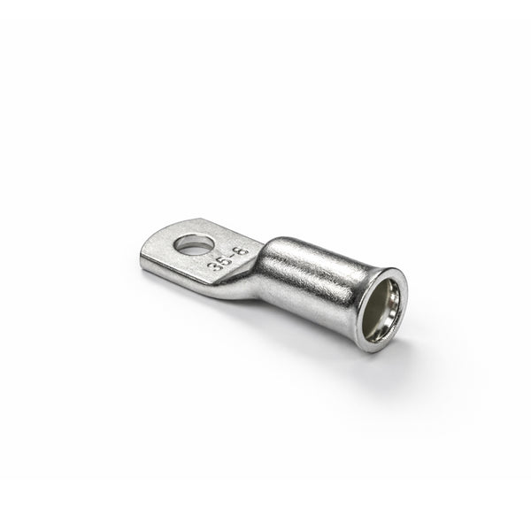 Tinned copper lug showing the flared bellmouth entry for easy 35mm2 cable insertion