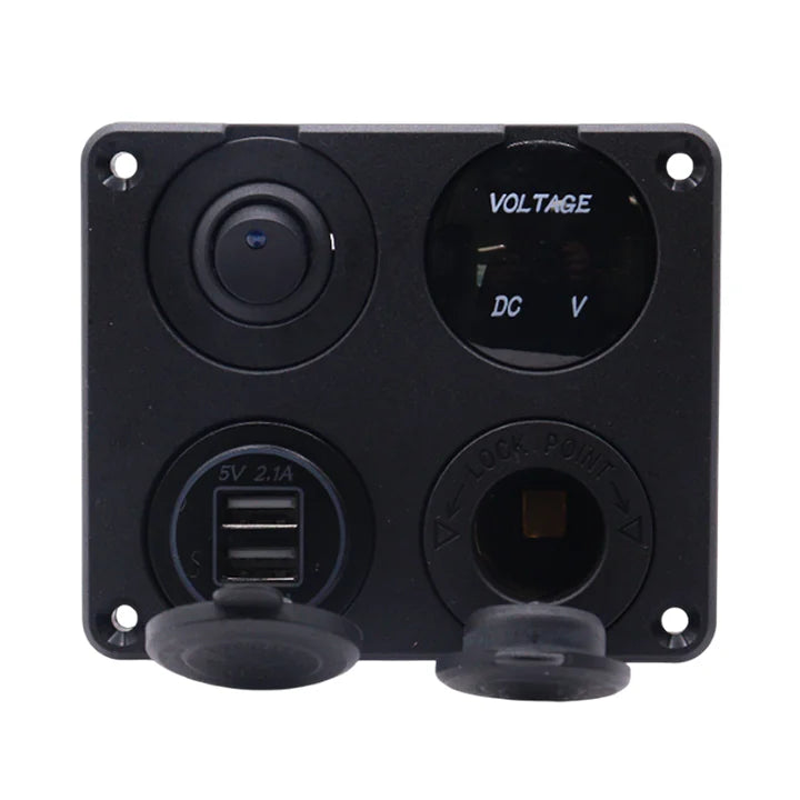 Front view of 4-gang flush mount panel with switch, voltmeter, USB ports and 12V socket