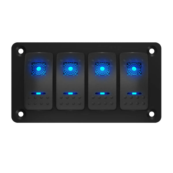 Front view of 4-gang marine rocker switch panel with blue LED indicators and black aluminum faceplate