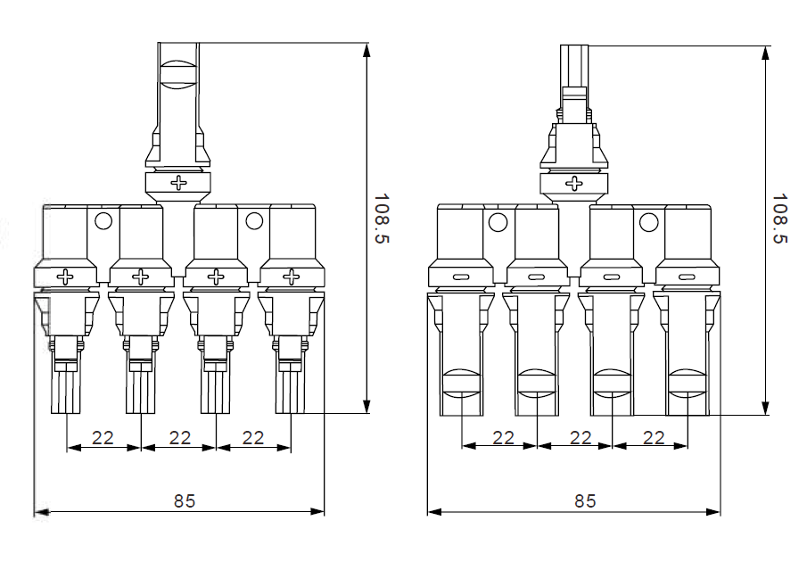 Technical line drawing with dimensions for the 4-to-1 branch joiner