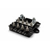 Perspective view of black fuse holder base showing tinned copper busbar and steel studs