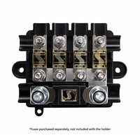 Open fuse holder base with one MEGA fuse and four MIDI fuses installed