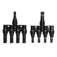 Flat front view of male and female 4-way solar combiners side by side