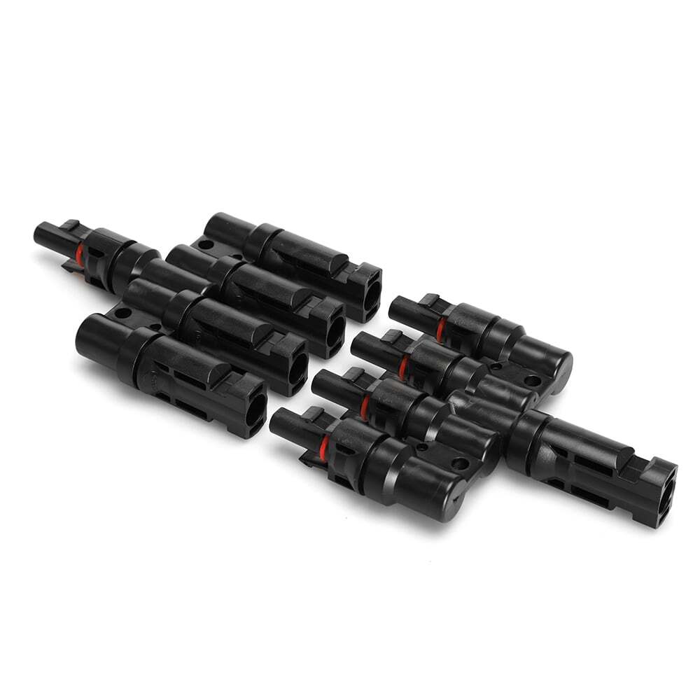 Two 4-to-1 solar splitters lying flat showing black housings and locking clips