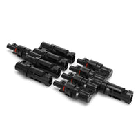 Two 4-to-1 solar splitters lying flat showing black housings and locking clips