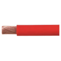 Horizontal view of red 4B&S automotive cable with stripped end showing stranded copper core