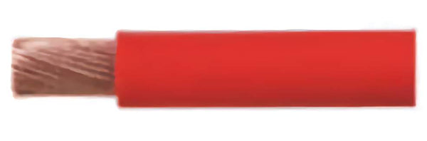 Horizontal view of red 4B&S automotive cable with stripped end showing stranded copper core