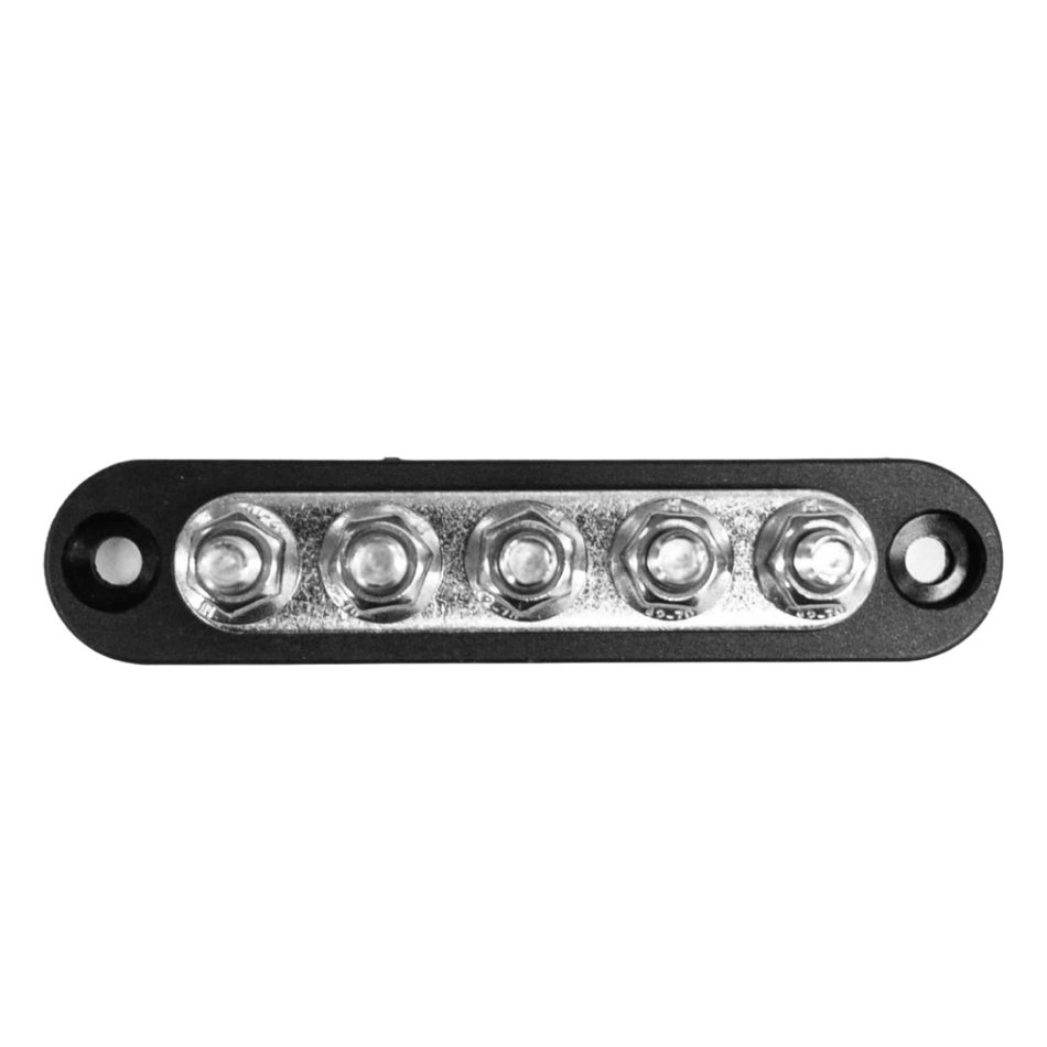 Top-down view of black 150A busbar featuring five silver M6 terminal studs