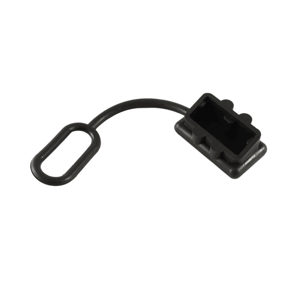 Black rubber dust cover for 50A Anderson plug featuring a flexible tether and retaining loop