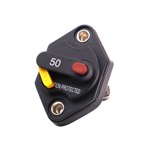 Front view of 50A panel mount circuit breaker with red trip button and yellow reset lever