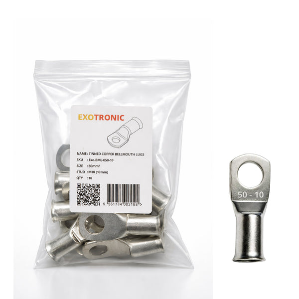 10 pack of 50mm² tinned copper bellmouth lugs with M10 stud hole and one loose lug