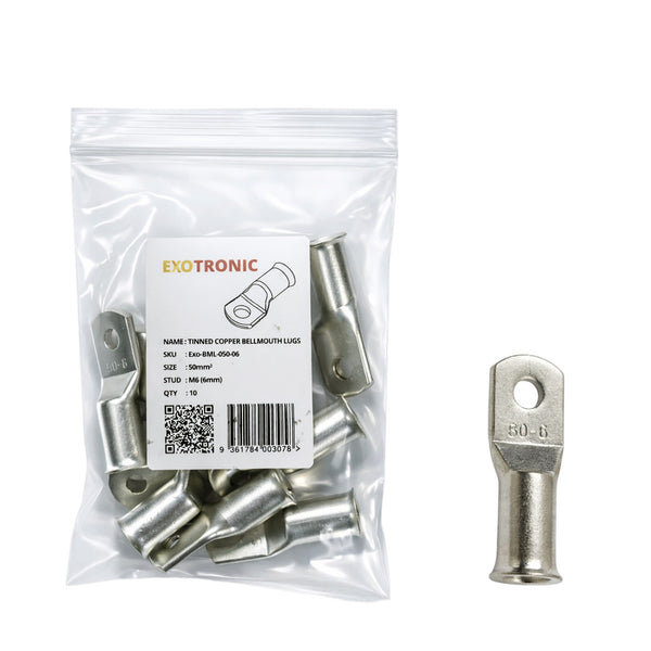 10 pack of 50mm² tinned copper bellmouth lugs with M6 stud hole and one loose lug