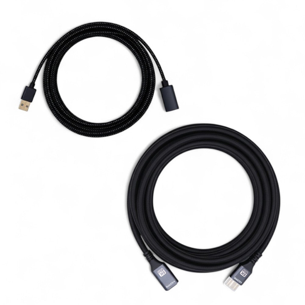 Two coiled 5m extension cables, one HDMI and one USB, with black braided sleeving