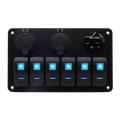 Front view of 6-gang aluminium marine switch panel with blue LED rockers, voltmeter and USB ports