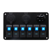 Front view of 6-gang aluminium marine switch panel with blue LED rockers, voltmeter and USB ports