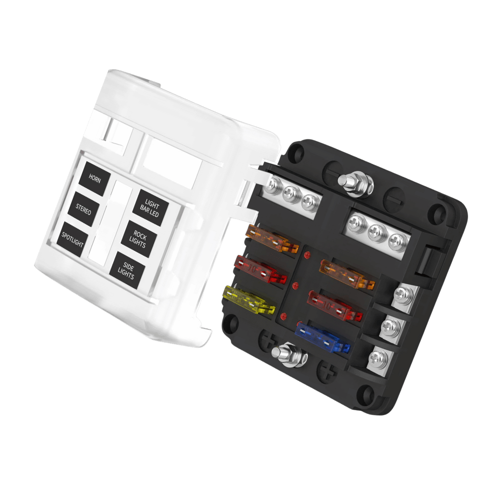 6-way blade fuse holder with removed transparent cover showing pre-printed identification labels
